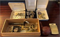 Large Men’s Lot of Misc. Jewelry, Coins, Pipe