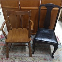 Vintage Wooden Chairs, one with armrests.