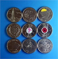 9 pièces de monnaie 25 cents Canada