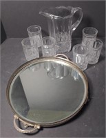 Early Glass Pitcher & Tumblers with Mirror Tray