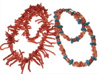 2 VTG Coral Turquoise Spiny Oyster Necklace Pair