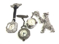 Unique Sterling Jeweled Vintage Watch Brooch Group