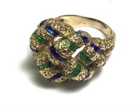 Unique Green & Gold Enameled 18K YG Ring 12+ Grams