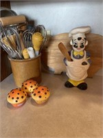 Crock with utensils, muffin Martha white timers,