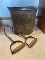 Metal bucket, two hay hooks
