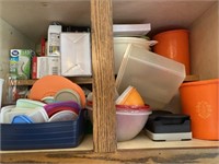 Contents of cabinet, Tupperware, light bulbs