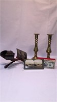 ANTIQUE STEREOSCOPE, CARDS & BRASS CANDLE STICKS