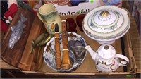 NORITAKE DISHES, BRASS DOLPHINS, CUTTING BD BOX