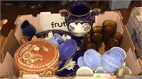LARGE BOX LOT VARIOUS POTTERY, DISHES, VASES ETC