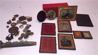 BOX LOT DAGUERREOTYPES, MILITARY BUTTONS, COINS