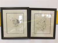 Pair of signed pencil sketches 1968