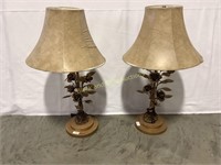Pair of medal rose pedal lamps with shades