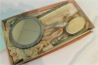 Antique dresser set: mirror, brush & comb,