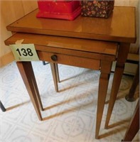 2 light wood nesting tables, glass inset in tops,