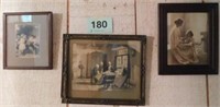 3 antique look prints in frames