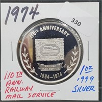 1974 1oz .999 Silver 110th Ann Railway Mail