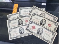 7-Red Seal $2 Bills All for One Money