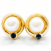 Sapphire & Pearl 18k Yellow Gold Earrings