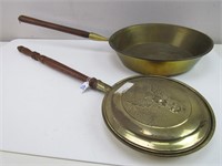(2) Antique Brass Toned, Wood Handle Heat Holders