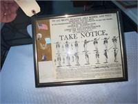 Framed Notice to Join the Army 11th Regiment