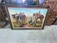 Western Cowboys & Cattle framed oil painting