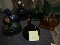 6 colored glass liquor bottles w/ presidents