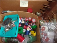 Box of thread, spool holder, misc sewing items
