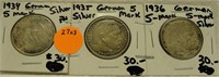 1934, 35, 36 GERMAN 5-MARK SILVER COINS - 3 X BID