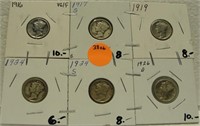 1916, 17-S 19, 24, 24-S, 26-D MERCURY DIMES - 6 X