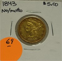 1843 NO MOTTO $5 LIBERTY GOLD COIN