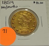 1854 NO MOTTO $10 LIBERTY GOLD COIN