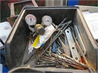 Tote of Gauge, Misc Drill Bits, Tools Etc