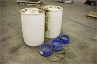 (2) Poly Barrels & (3) Heated Water Dishes,