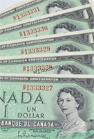 Canada 1967 5 Consecutive #'s 1 Dollar Bills