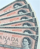 Canada 1954 6 Consecutive Number Two Dollar Bill