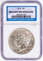 Coin 1925 Peace Silver Dollar NGC Brilliant Unc.