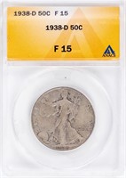 Coin 1938-D  Walking Liberty Half Dollar ANACS F15