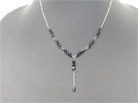 .925 Sterling Silver Black Beaded Drop Necklace