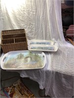 Lot Of Plastic Serving Trays And Wicker Basket