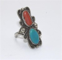 Signed JL Turquoise & Coral Ring Size 8 1/4