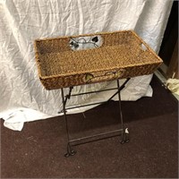 Metal Folding Tray Table With Wicker Basket