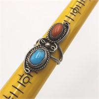 Signed OP Turquoise & Coral Ring Size 8 1/2