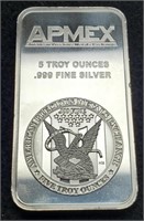 (5) Troy oz. Apmex Silver Bar, Sold by the Ounce
