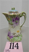 HAND PAINTED CHOCOLATE POT 9 IN, LID FINIAL IS