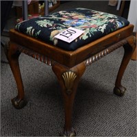 UPHOLSTERED STOOL WITH CARVED BALL & CLAW FEET &