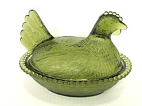 Vintage green glass rooster dish