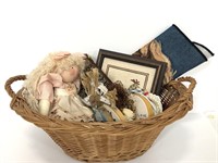 Basket of assorted needlepoint work plus others