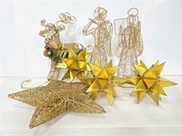 Gold tone reindeer, angels, and stars decor
