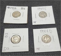 1944-P,D,S Mercury Dimes, BU, XF, XF &