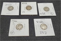 (5) Mercury Dimes, All F or Better: